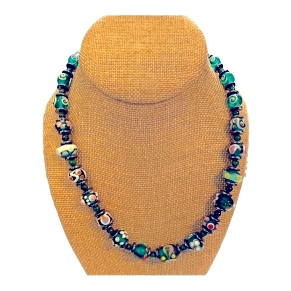 18” Necklace with Green Based Decorated Playful Textured Beads - Picture 1 of 5